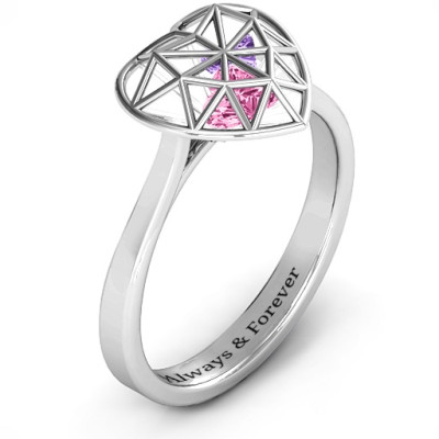 Diamond Heart Cage Personalised Ring With Encased Heart Stones  - AMAZINGNECKLACE.COM