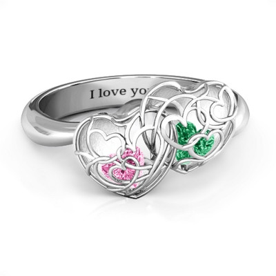 Double Heart Cage Personalised Ring with 1-6 Heart Shaped Birthstones  - AMAZINGNECKLACE.COM
