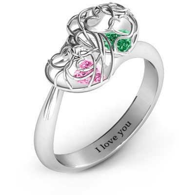 Double Heart Cage Personalised Ring with 1-6 Heart Shaped Birthstones  - AMAZINGNECKLACE.COM