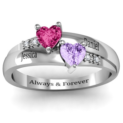 Double Heart Gemstone Personalised Ring with Accents  - AMAZINGNECKLACE.COM