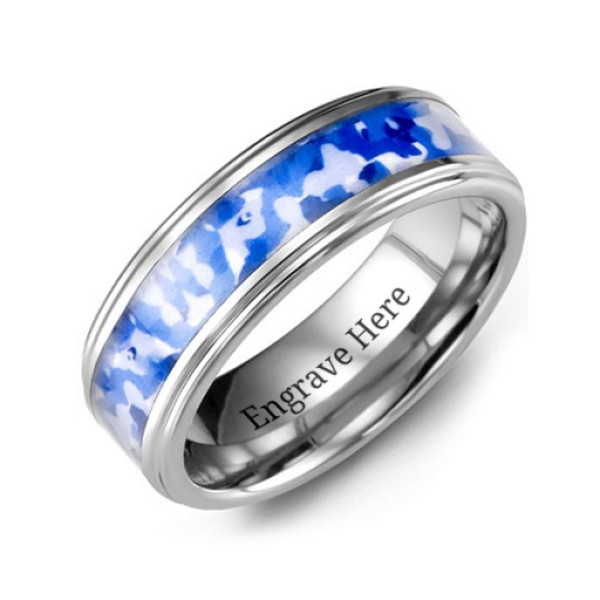 Grooved Tungsten Personalised Ring with Royal Blue Camouflage Insert - AMAZINGNECKLACE.COM