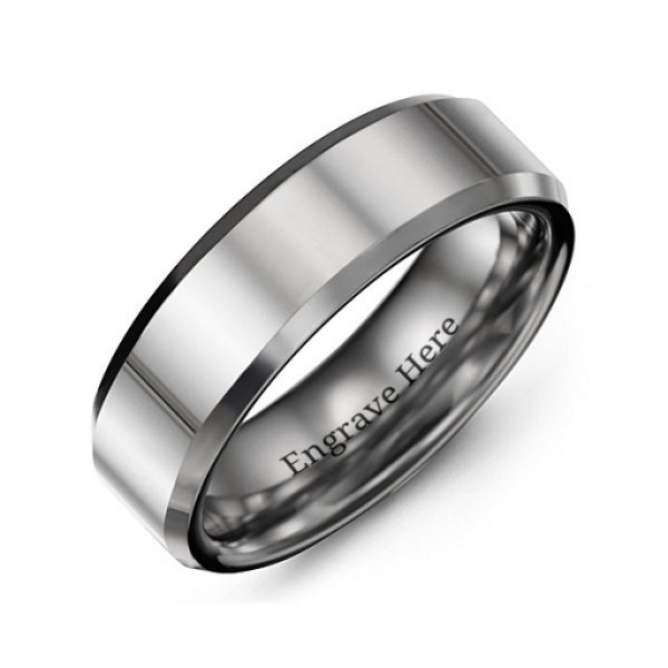 Men's Beveled Edge Polished Tungsten Personalised Ring - AMAZINGNECKLACE.COM