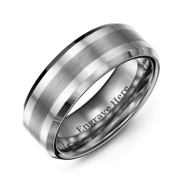 Men's Brushed Centre Stripe Polished Tungsten Personalised Ring - AMAZINGNECKLACE.COM