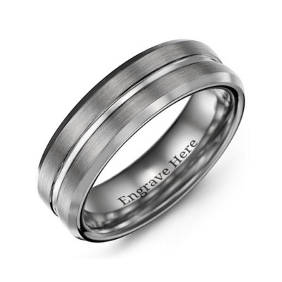 Men's Brushed Grooved Centre Beveled Tungsten Personalised Ring - AMAZINGNECKLACE.COM