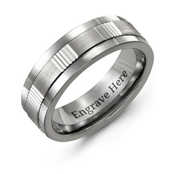 Men's Brushed Ribbed Tungsten Band Personalised Ring - AMAZINGNECKLACE.COM