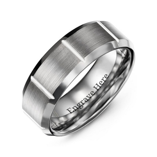 Men's Brushed Vertical Grooved Polished Tungsten Personalised Ring - AMAZINGNECKLACE.COM