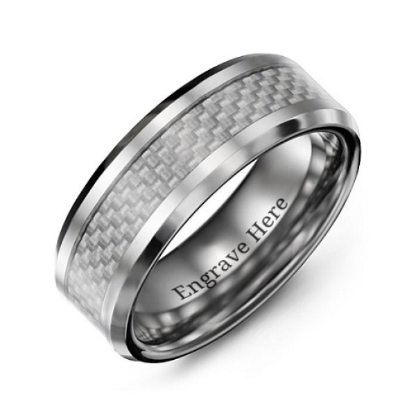 Men's Clear Carbon Fiber Inlay Polished Tungsten Personalised Ring - AMAZINGNECKLACE.COM