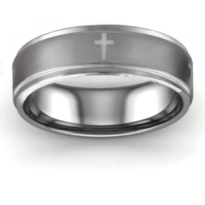 Men's Cross and Brushed Centre Tungsten Personalised Ring - AMAZINGNECKLACE.COM