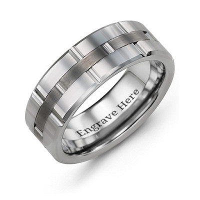 Men's Grooved Layers Tungsten Personalised Ring - AMAZINGNECKLACE.COM