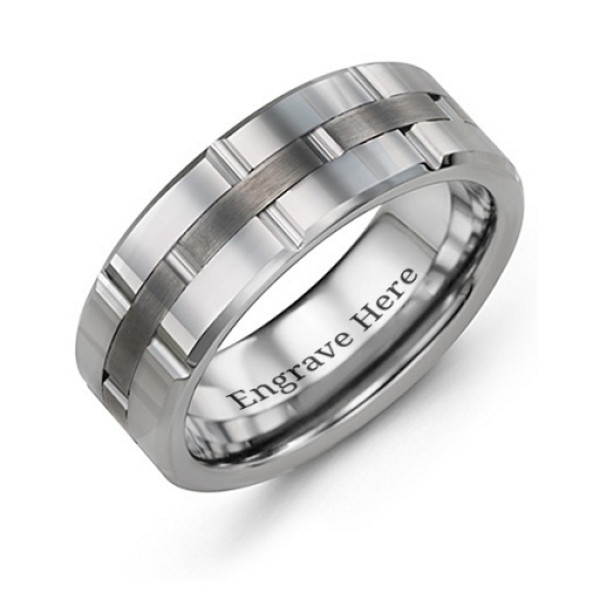 Men's Grooved Layers Tungsten Personalised Ring - AMAZINGNECKLACE.COM