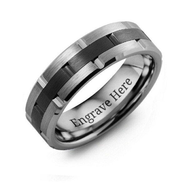 Men's Tungsten & Ceramic Grooved Brushed Personalised Ring - AMAZINGNECKLACE.COM