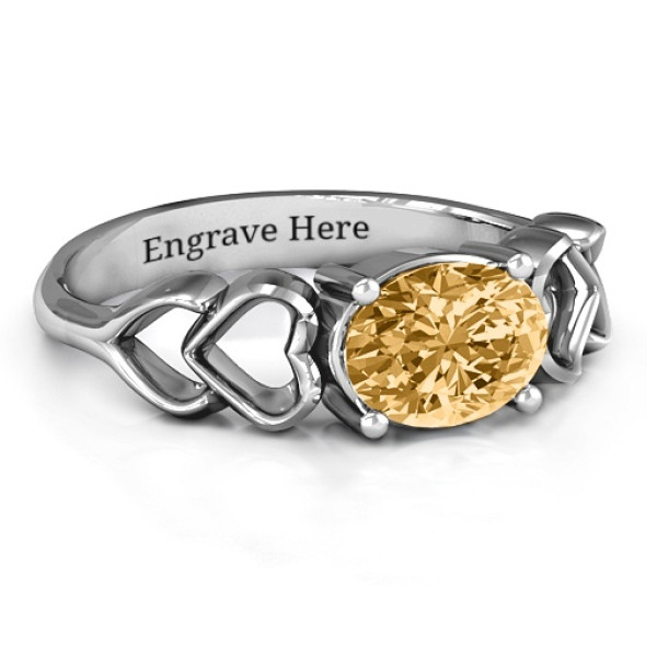 Oval Solitaire Personalised Ring with Surrounding Hearts - AMAZINGNECKLACE.COM