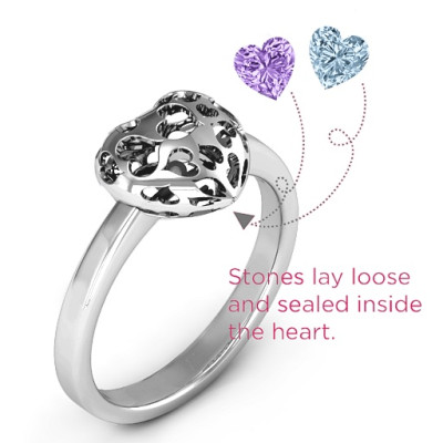 Petite Caged Hearts Personalised Ring with 1-3 Stones  - AMAZINGNECKLACE.COM