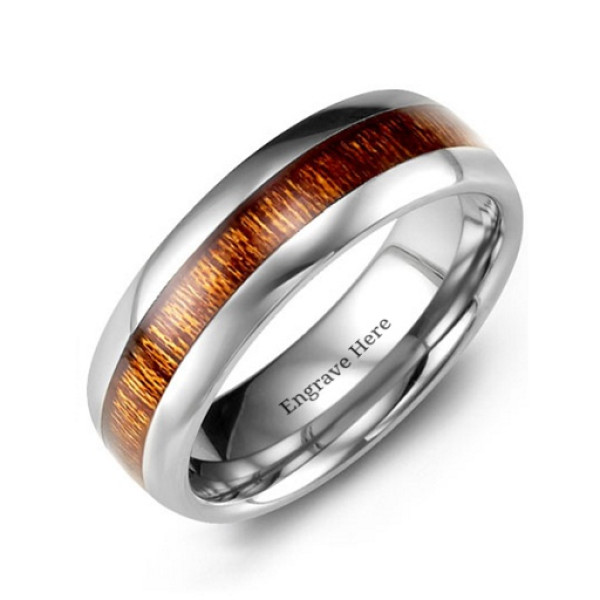 Polished Tungsten Personalised Ring with Koa Wood Insert - AMAZINGNECKLACE.COM