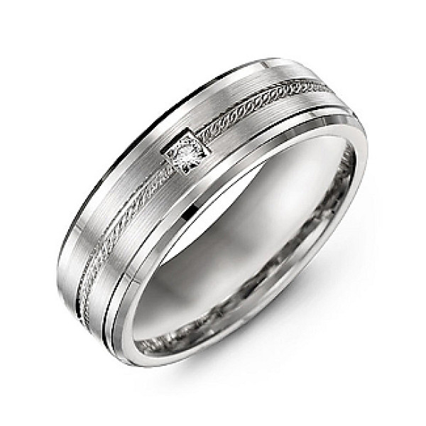 Rope Design Men's Personalised Ring with Stone and Beveled Edges  - AMAZINGNECKLACE.COM