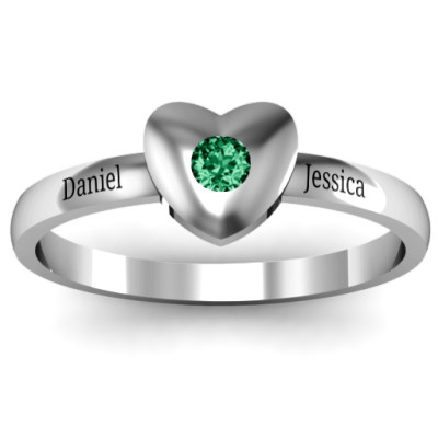 Solid Heart with Single Gemstone Personalised Ring  - AMAZINGNECKLACE.COM