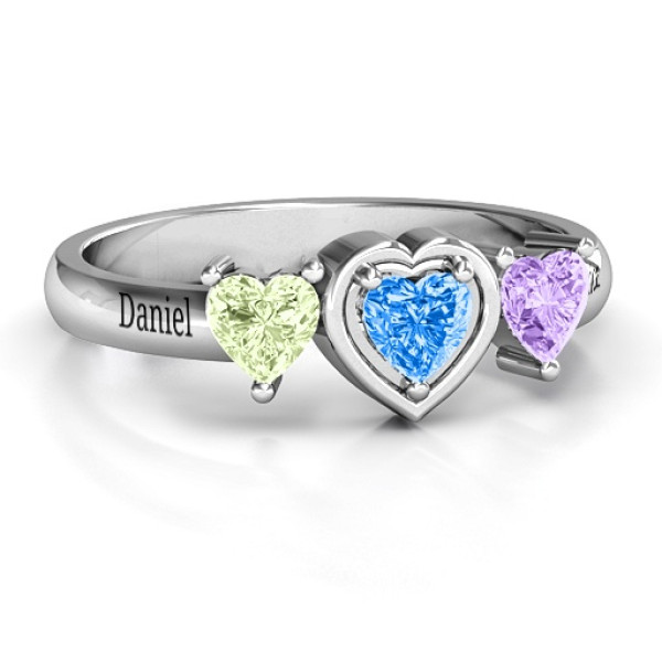 Sterling Silver Heart Stone with Twin Heart Accents Personalised Ring  - AMAZINGNECKLACE.COM