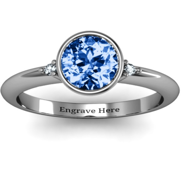 Sterling Silver Round Bezel Solitaire with Twin Accents Personalised Ring - AMAZINGNECKLACE.COM