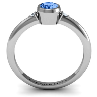 Sterling Silver Round Bezel Solitaire with Twin Accents Personalised Ring - AMAZINGNECKLACE.COM