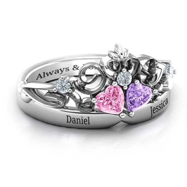 Sterling Silver Royal Romance Double Heart Tiara Personalised Ring with Engravings - AMAZINGNECKLACE.COM