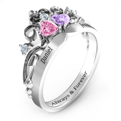 Sterling Silver Royal Romance Double Heart Tiara Personalised Ring with Engravings - AMAZINGNECKLACE.COM