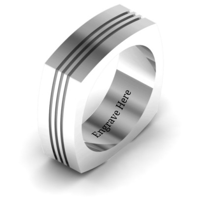 Sterling Silver Stria Grooved Square-shaped Men's Personalised Ring - AMAZINGNECKLACE.COM