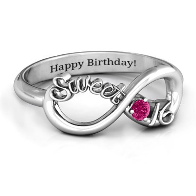 Sterling Silver Sweet 16 with Birthstone Infinity Personalised Ring  - AMAZINGNECKLACE.COM