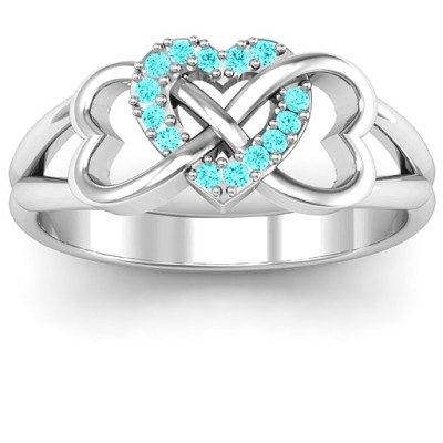 Sterling Silver Triple Heart Infinity Personalised Ring with Mint Swarovski Zirconia Stones  - AMAZINGNECKLACE.COM