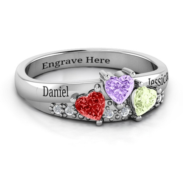 Tripartite Heart Gemstone Personalised Ring with Accents  - AMAZINGNECKLACE.COM