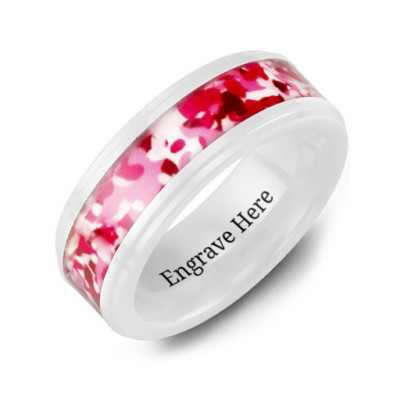 White Ceramic Personalised Ring with Colorful Camouflage Centrepiece - AMAZINGNECKLACE.COM