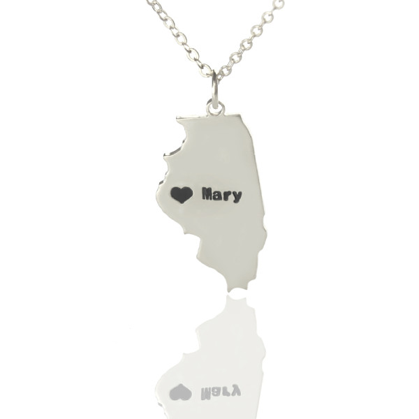 Personalised Illinois State Shaped Necklaces With Heart  Name Silver - AMAZINGNECKLACE.COM