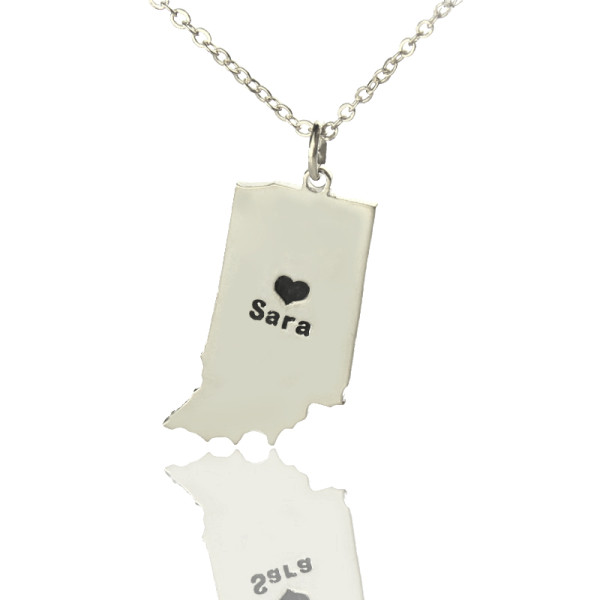 Custom Indiana State Shaped Personalised Necklaces With Heart  Name Silver - AMAZINGNECKLACE.COM