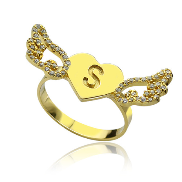 Angel Wings Heart Personalised Ring with Birthstone  Initial 18ct Gold Plated  - AMAZINGNECKLACE.COM