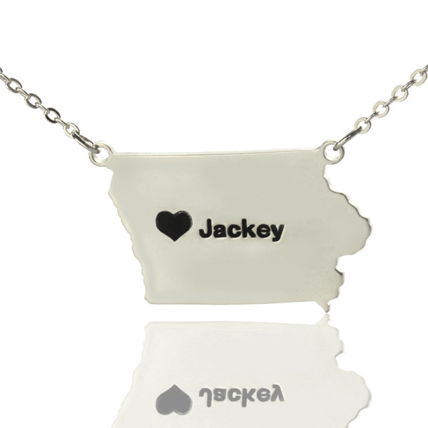 Iowa State USA Map Personalised Necklace With Heart  Name Silver - AMAZINGNECKLACE.COM