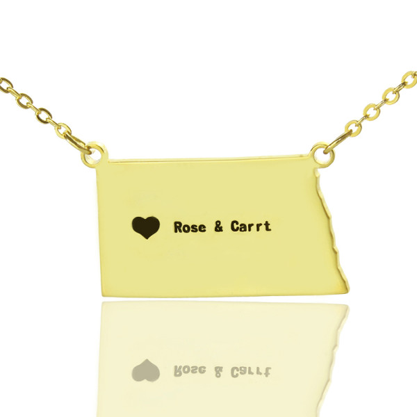 Personalised ND State USA Map Necklace With Heart  Name Gold Plated - AMAZINGNECKLACE.COM