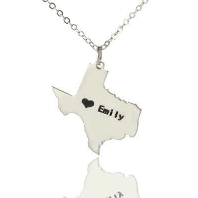 Texas State USA Map Personalised Necklace With Heart  Name Silver - AMAZINGNECKLACE.COM