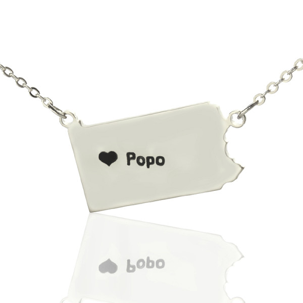 Personalised Pennsylvania State USA Map Necklace With Heart  Name Silver - AMAZINGNECKLACE.COM
