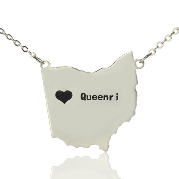 Custom Ohio State USA Map Personalised Necklace With Heart  Name Silver - AMAZINGNECKLACE.COM