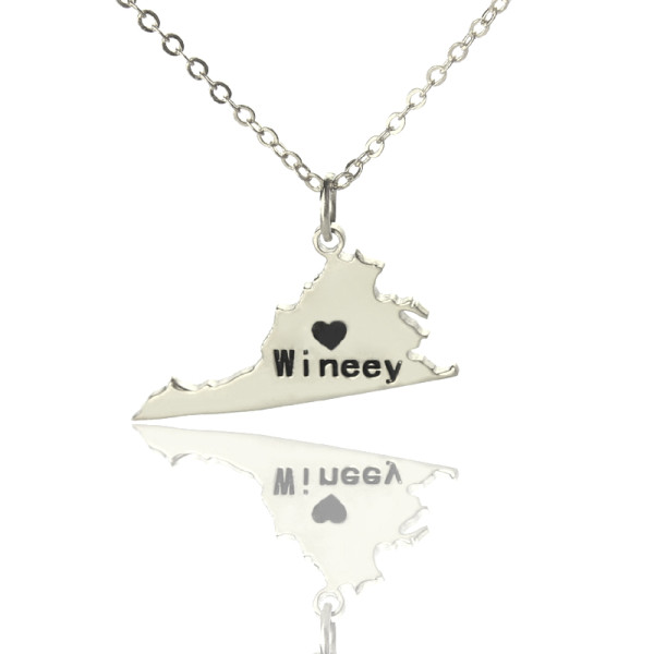 Virginia State USA Map Personalised Necklace With Heart  Name Silver - AMAZINGNECKLACE.COM