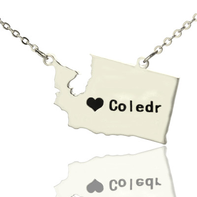 Washington State USA Map Personalised Necklace With Heart  Name Silver - AMAZINGNECKLACE.COM