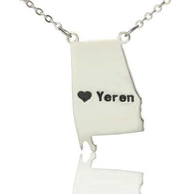 Custom Alabama State USA Map Personalised Necklace With Heart  Name Silver - AMAZINGNECKLACE.COM