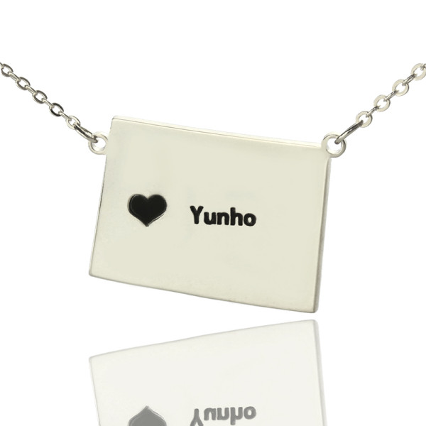 Wyoming State Shaped Map Personalised Necklaces With Heart  Name Silver - AMAZINGNECKLACE.COM
