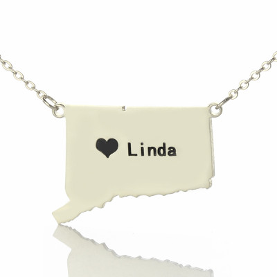 Connecticut State Shaped Personalised Necklaces With Heart  Name Silver - AMAZINGNECKLACE.COM
