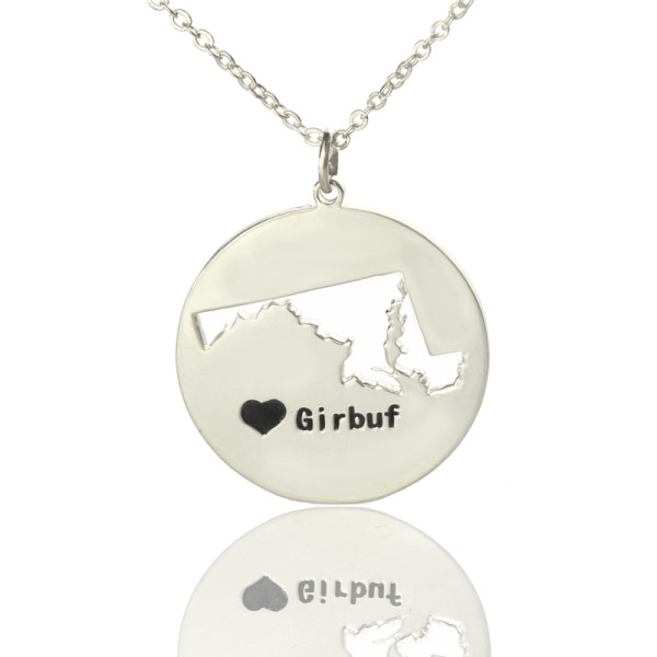 Custom Maryland Disc State Personalised Necklaces With Heart  Name Silver - AMAZINGNECKLACE.COM