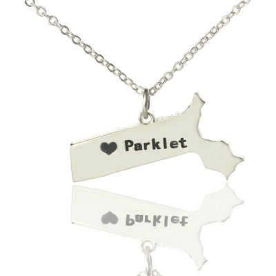 Massachusetts State Shaped Personalised Necklaces With Heart  Name Silver - AMAZINGNECKLACE.COM