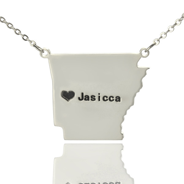 Custom AR State USA Map Personalised Necklace With Heart  Name Silver - AMAZINGNECKLACE.COM