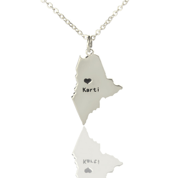 Custom Maine State Shaped Personalised Necklaces With Heart  Name Silver - AMAZINGNECKLACE.COM