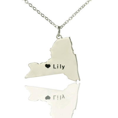 Personalised NY State Shaped Necklaces With Heart  Name Silver - AMAZINGNECKLACE.COM