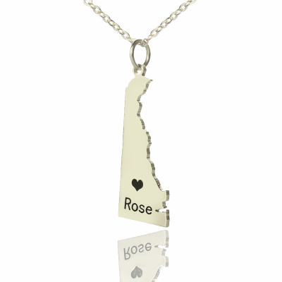 Custom Delaware State Shaped Personalised Necklaces With Heart  Name Silver - AMAZINGNECKLACE.COM