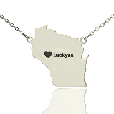 Custom Wisconsin State Shaped Personalised Necklaces With Heart  Name Silver - AMAZINGNECKLACE.COM